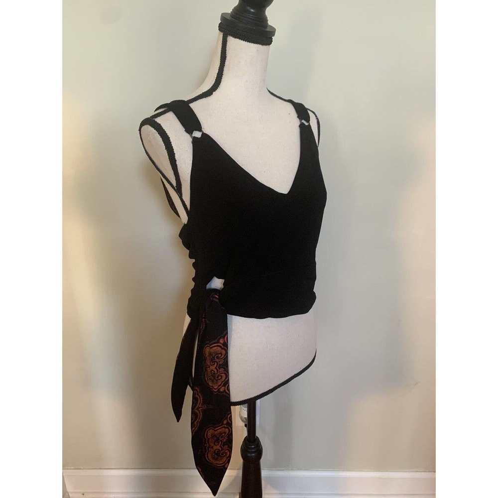 Free People M Paisley Pop Cropped Top Black Sleeveless Side Tie Vneck Tank New - Picture 8 of 14